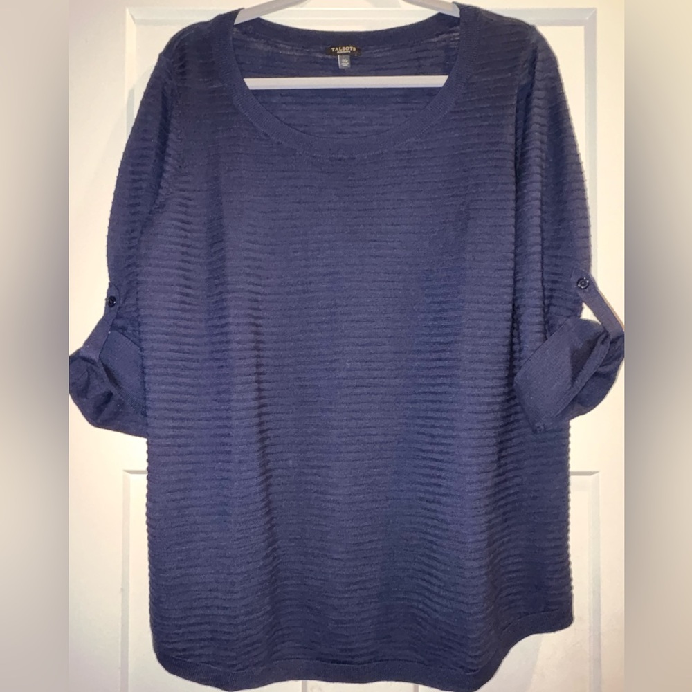 Talbots Women's Navy 3/4 Sleeve Sweater- Size 1XP- Cotton, Clean Beauty, Classic